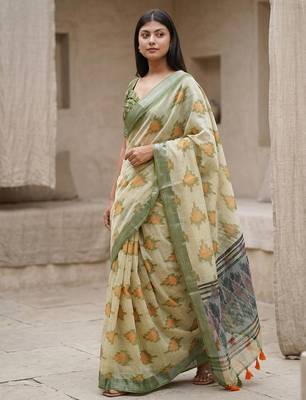 Green linen woven design saree with blouse 5
