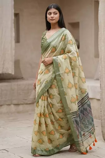 Green linen woven design saree with blouse