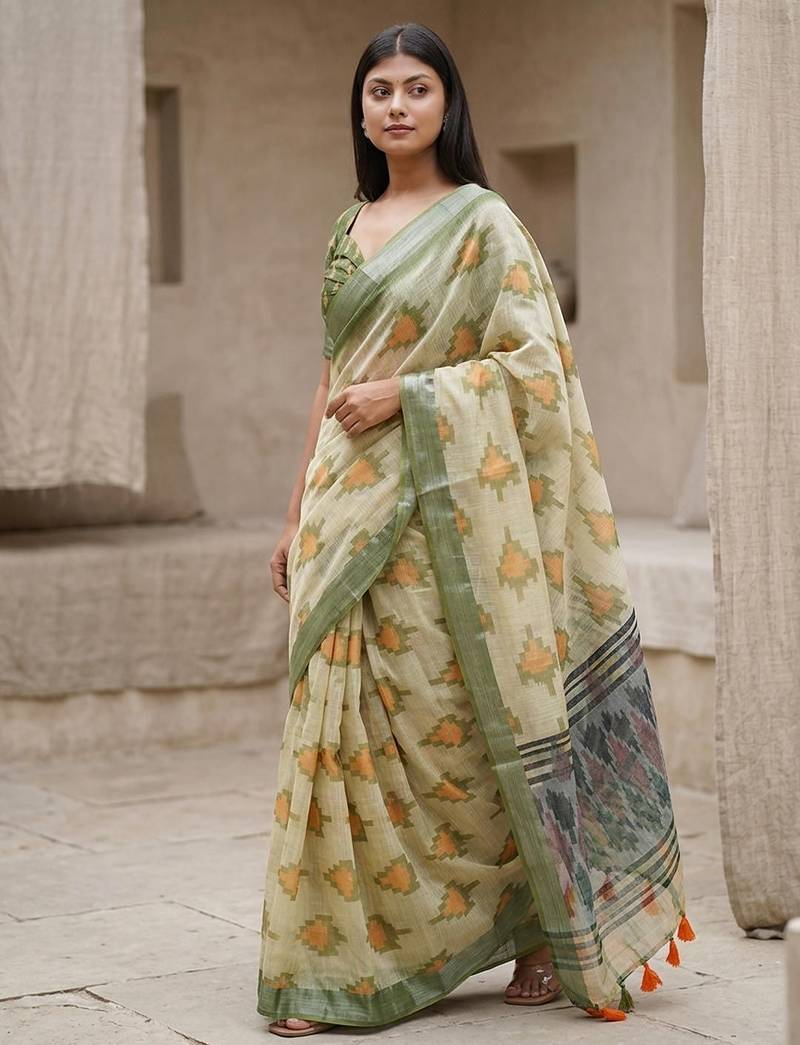 Green linen woven design saree with blouse
