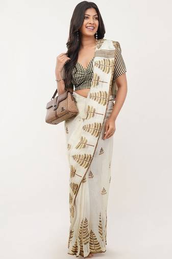 Off white linen printed saree with blouse