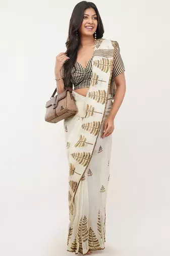Off white linen printed saree with blouse
