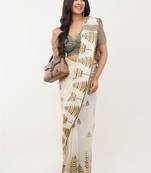 Off white linen printed saree with blouse