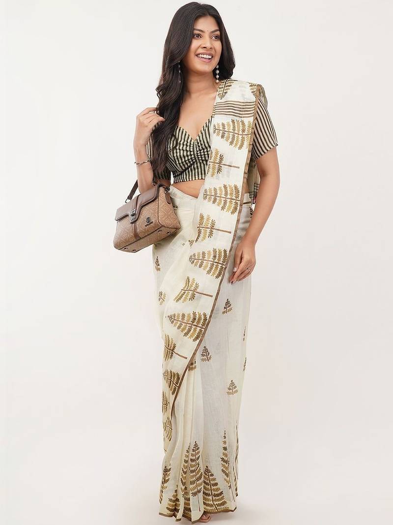 Off white linen printed saree with blouse
