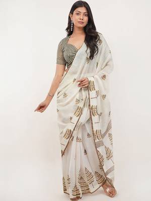 Off white linen printed saree with blouse 2
