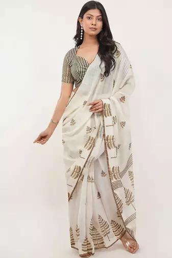 Off white linen printed saree with blouse