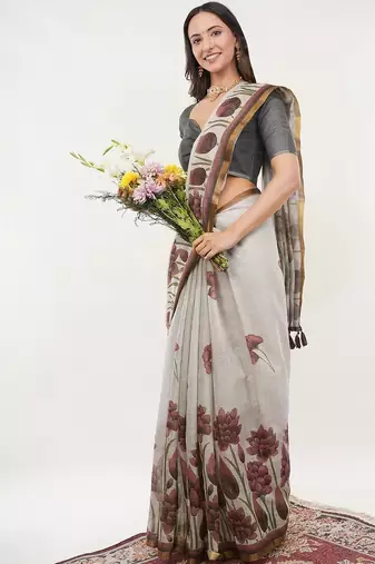 Off white linen printed saree with blouse