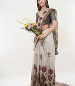 Off white linen printed saree with blouse