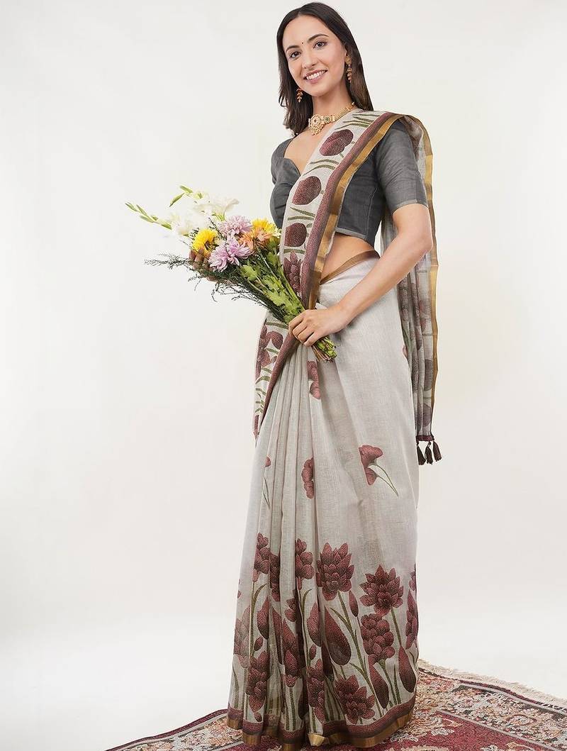 Off white linen printed saree with blouse