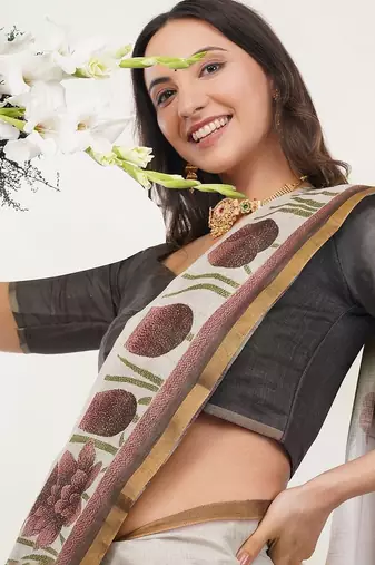 Off white linen printed saree with blouse