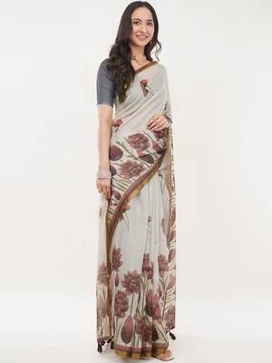 Off white linen printed saree with blouse 3