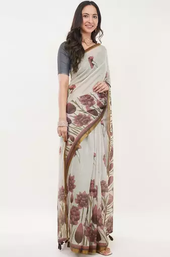 Off white linen printed saree with blouse