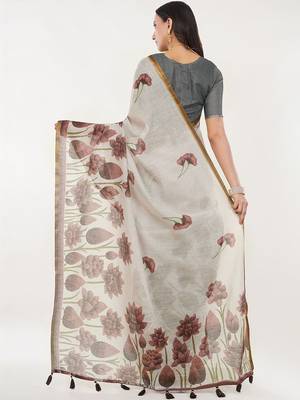 Off white linen printed saree with blouse 5