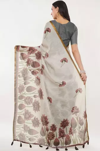 Off white linen printed saree with blouse