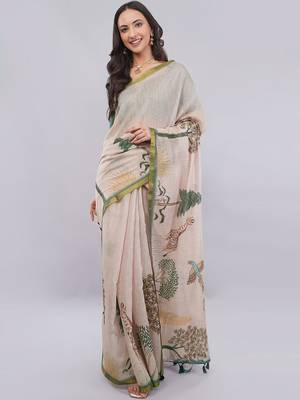 Peach linen printed saree with blouse 1
