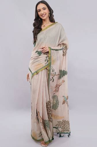 Peach linen printed saree with blouse