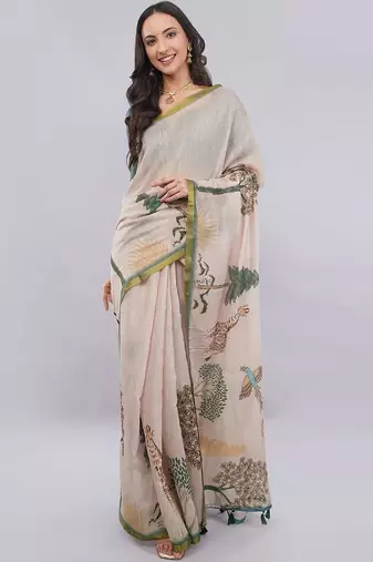 Peach linen printed saree with blouse