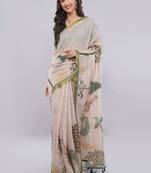 Peach linen printed saree with blouse