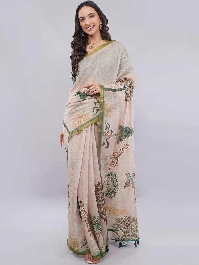 Peach linen printed saree with blouse