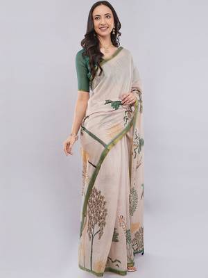 Peach linen printed saree with blouse 2