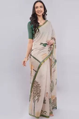 Peach linen printed saree with blouse