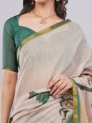 Peach linen printed saree with blouse 3