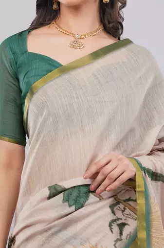 Peach linen printed saree with blouse