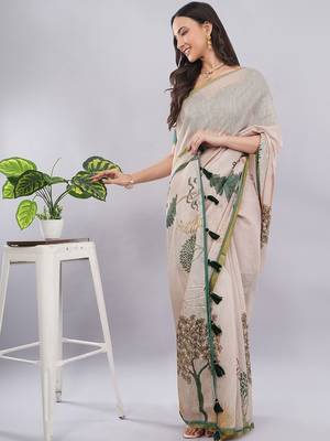 Peach linen printed saree with blouse 4