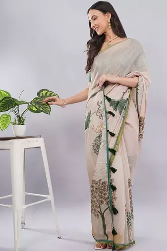Peach linen printed saree with blouse