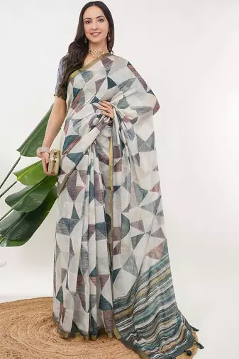 Off white linen printed saree with blouse