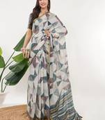 Off white linen printed saree with blouse