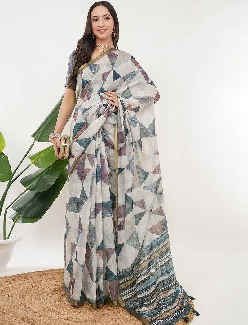 Off white linen printed saree with blouse