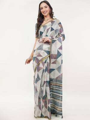 Off white linen printed saree with blouse 2