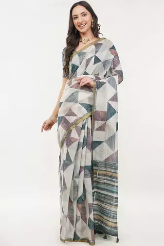 Off white linen printed saree with blouse