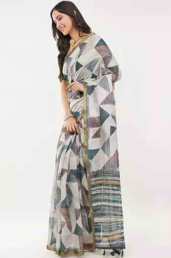 Off white linen printed saree with blouse