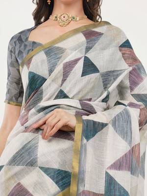 Off white linen printed saree with blouse 4