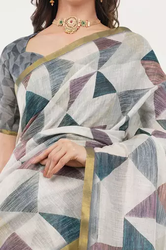 Off white linen printed saree with blouse