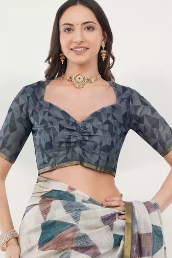 Off white linen printed saree with blouse