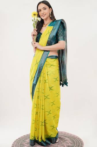 Yellow linen woven design saree with blouse