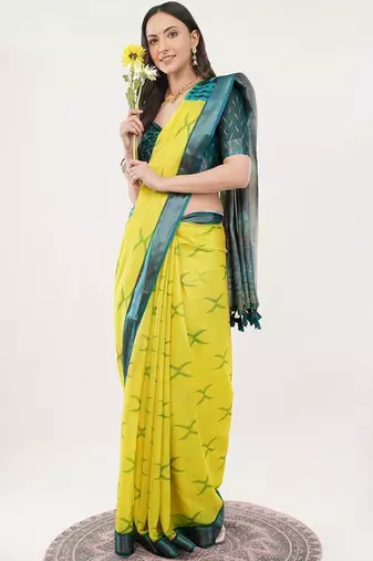 Yellow linen woven design saree with blouse