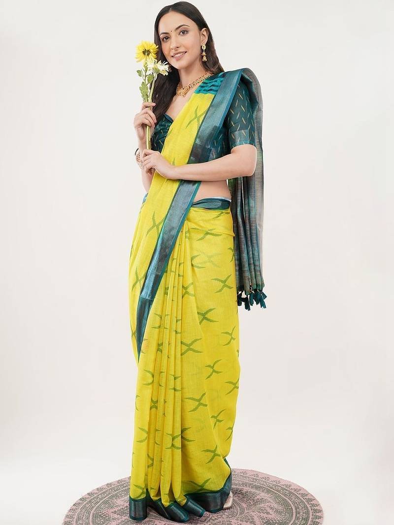 Yellow linen woven design saree with blouse