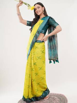Yellow linen woven design saree with blouse 2