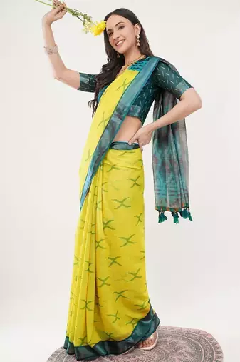 Yellow linen woven design saree with blouse