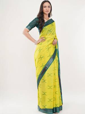 Yellow linen woven design saree with blouse 3