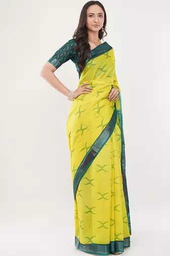 Yellow linen woven design saree with blouse