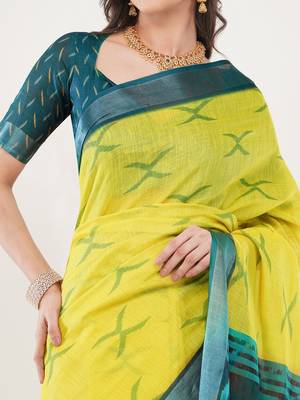 Yellow linen woven design saree with blouse 4