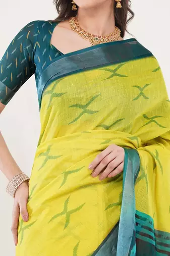 Yellow linen woven design saree with blouse
