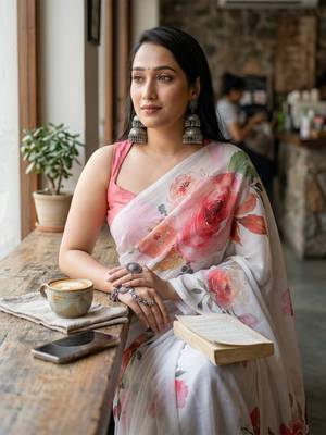 White organza printed saree with blouse 1