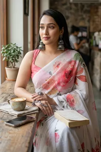 White organza printed saree with blouse