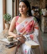 White organza printed saree with blouse