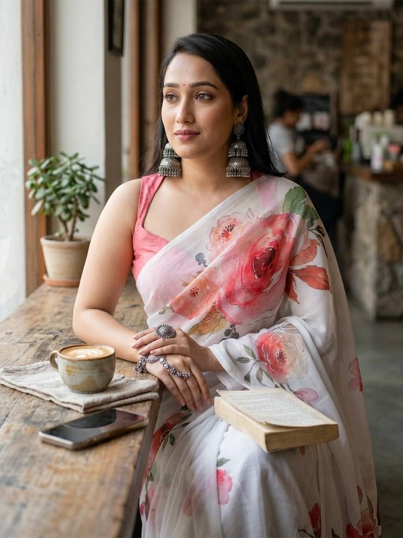 White organza printed saree with blouse